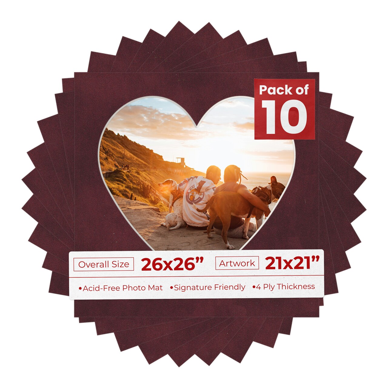 Dark Red Suede Mat Board for 26x26 Frames - Heart Opening for 21x21 Photos